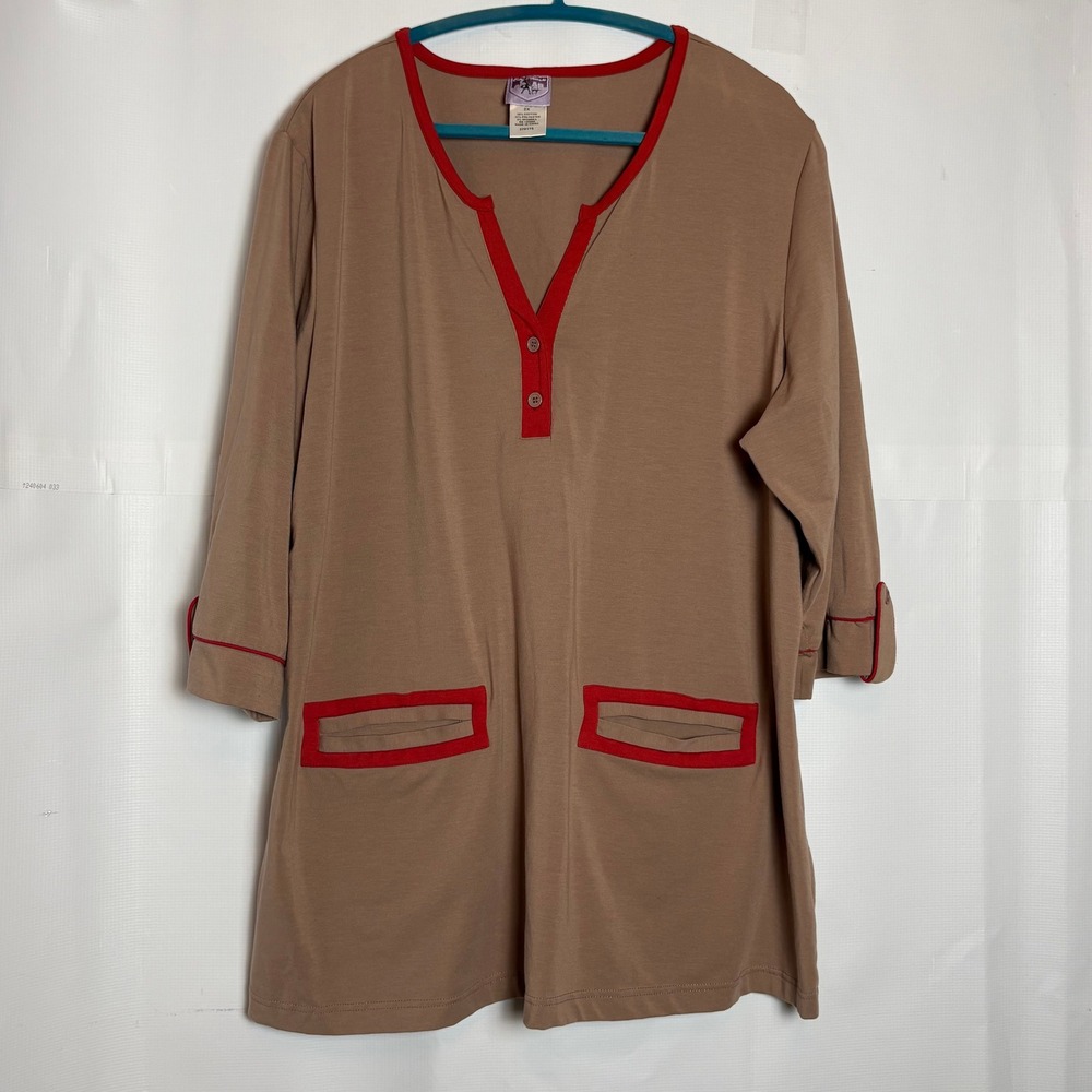 City Hearts Womens‎ 2X Tan Red Trim 3/4 Sleeve Button Tunic Top Plus Lagenlook